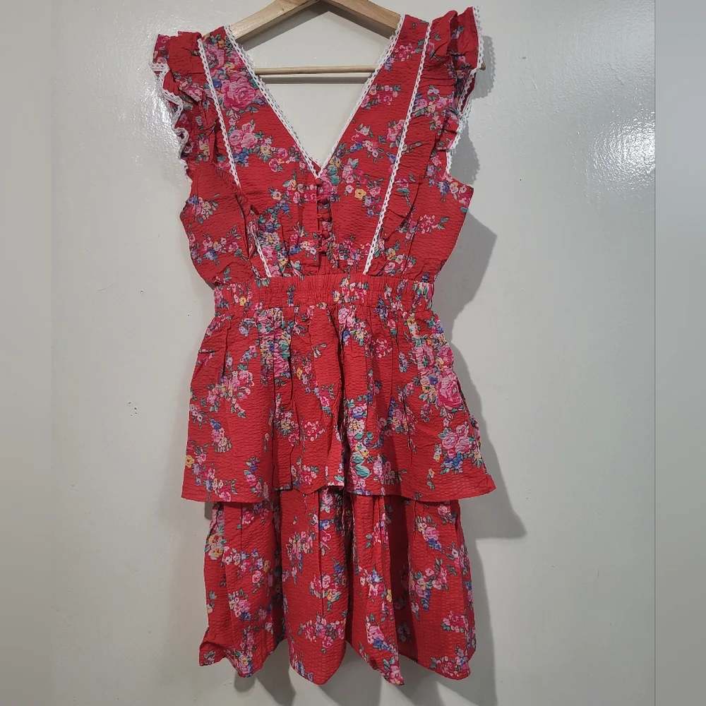 Betsey Johnson Red Floral Cotton Bush Gardens Seersucker Tiered Mini Dress Small - Picture 3 of 5